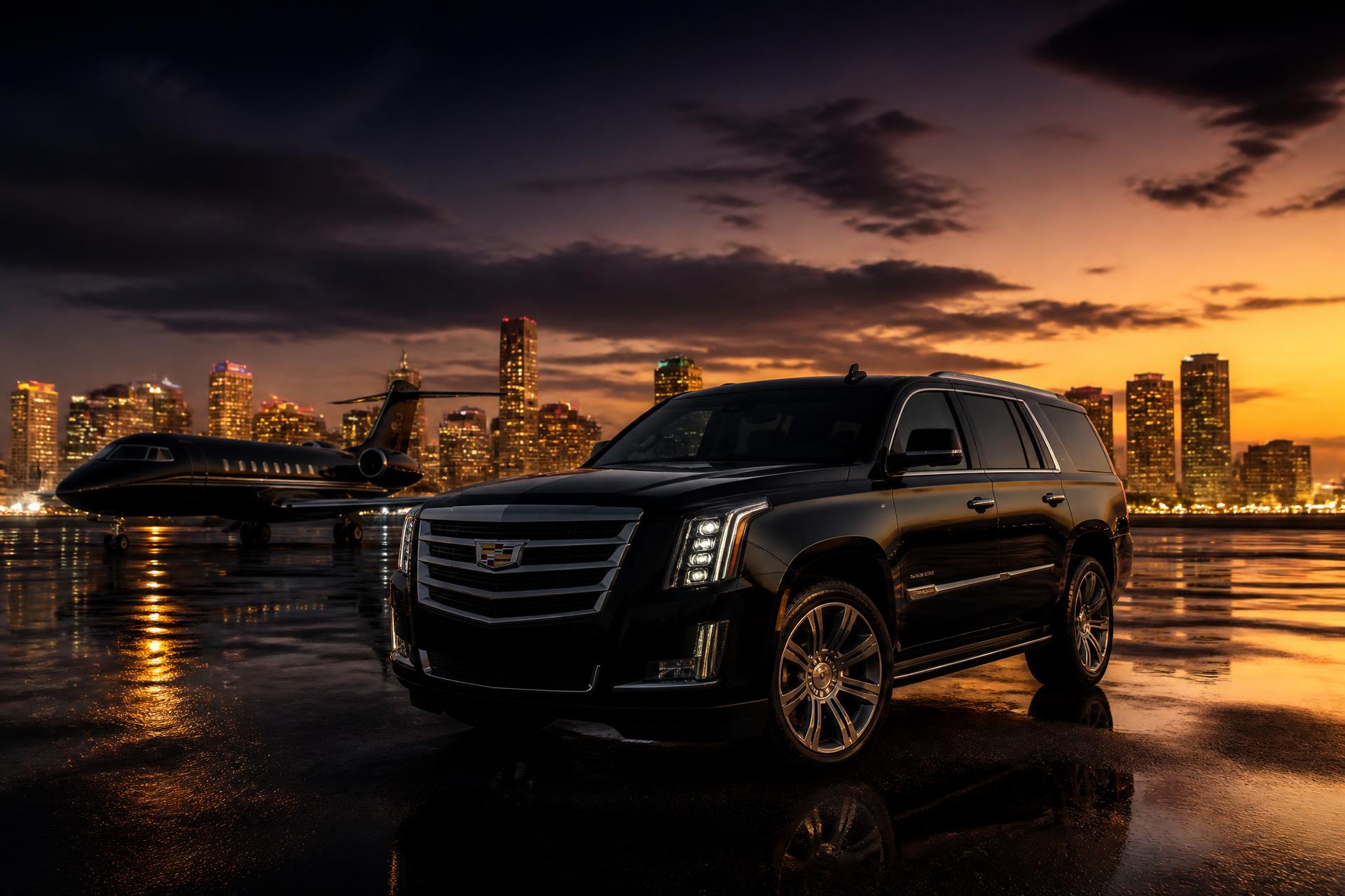 Black Cadillac Escalade beside a private jet on a Miami airport tarmac with the city skyline glowing at dusk
