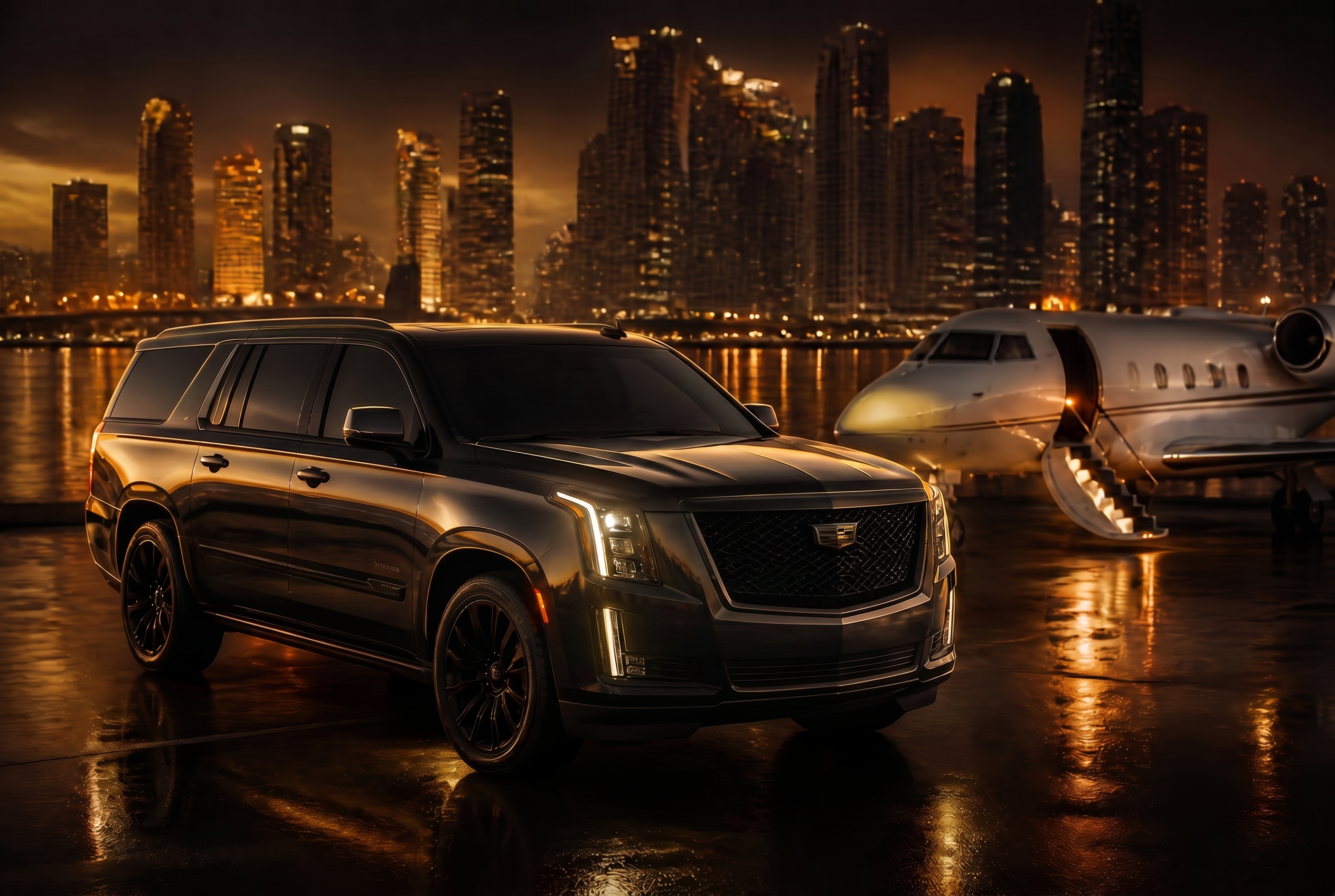 Black Cadillac Escalade executive SUV beside a private jet with the Miami skyline glowing at dusk